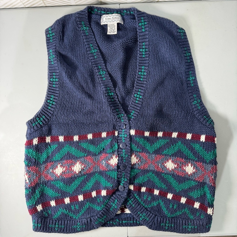 Vintage 90s Gina Peters Womens Blue Preppy Cottagecore Sweater‎ Vest Sz S - Picture 6 of 7
